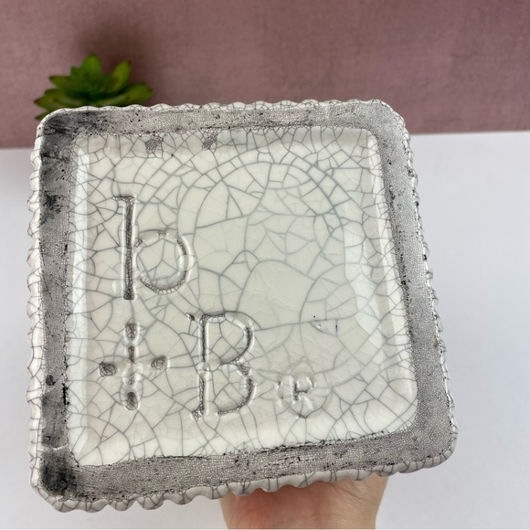 White Silver Black Crackled Square Handle Plant Holder Home Decor Accent - Picture 5 of 5